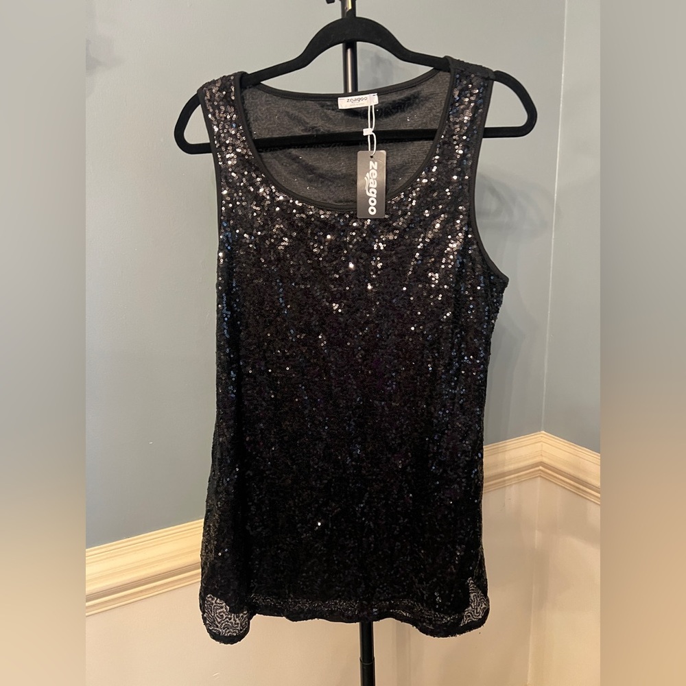 Zeagoo Midnight Black Sequin front and back Top NWT large